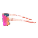 Side profile of LosReyes Elevate Bubble Gum translucent pink shield sunglasses featuring aerodynamic arms, UV-blocking mirrored lens, and contoured fit for high-speed sports and active youth athletes