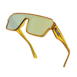 Hero angle of LosReyes Omega Yellow high-performance shield sunglasses with amber-tinted wraparound frame and reflective UV-blocking lens for athletes and cyclists.
