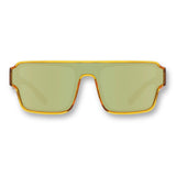 Flat front view of LosReyes Omega Yellow mirrored lens sunglasses showcasing a seamless wraparound shield for maximum sun protection and all-day active comfort.