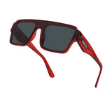 Hero angle of LosReyes Omega Ares performance sunglasses with crimson red aerodynamic frame, dark-tint lens, and wide temples designed for cycling, running, and intense training.