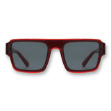 Front view of LosReyes Omega Ares red wraparound sunglasses featuring dark rectangular shield lens, bold transparent frame, and full UV400 coverage for athletic performance.