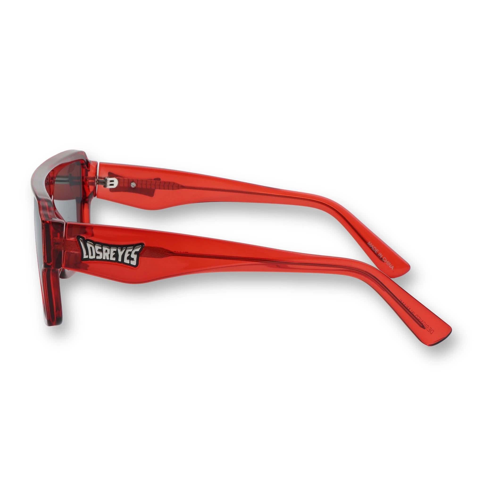 Side profile of LosReyes Omega Ares sport sunglasses with sculpted wide red temples, dark rectangular lens, and ergonomic arms for secure high-speed outdoor activity.