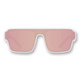 Front view of LosReyes Omega Athena white athletic sunglasses with full pink mirrored wraparound lens, UV400 shield coverage, and a sport-optimized fit for training and running.