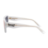 Side profile of LosReyes Omega Athena sports sunglasses showing sleek white temples, ergonomic side curve, and pink mirrored lens designed for high-intensity outdoor activity.