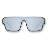 Front view of LosReyes Omega Hades sunglasses featuring a bold black frame, silver mirrored shield lens, and UV400 wraparound design for athletic training and daily protection.