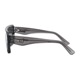 Side profile of LosReyes Omega Hades sunglasses showing black translucent temples, aerodynamic fit, and shield-style mirrored lens ideal for high-speed motion and sun coverage.