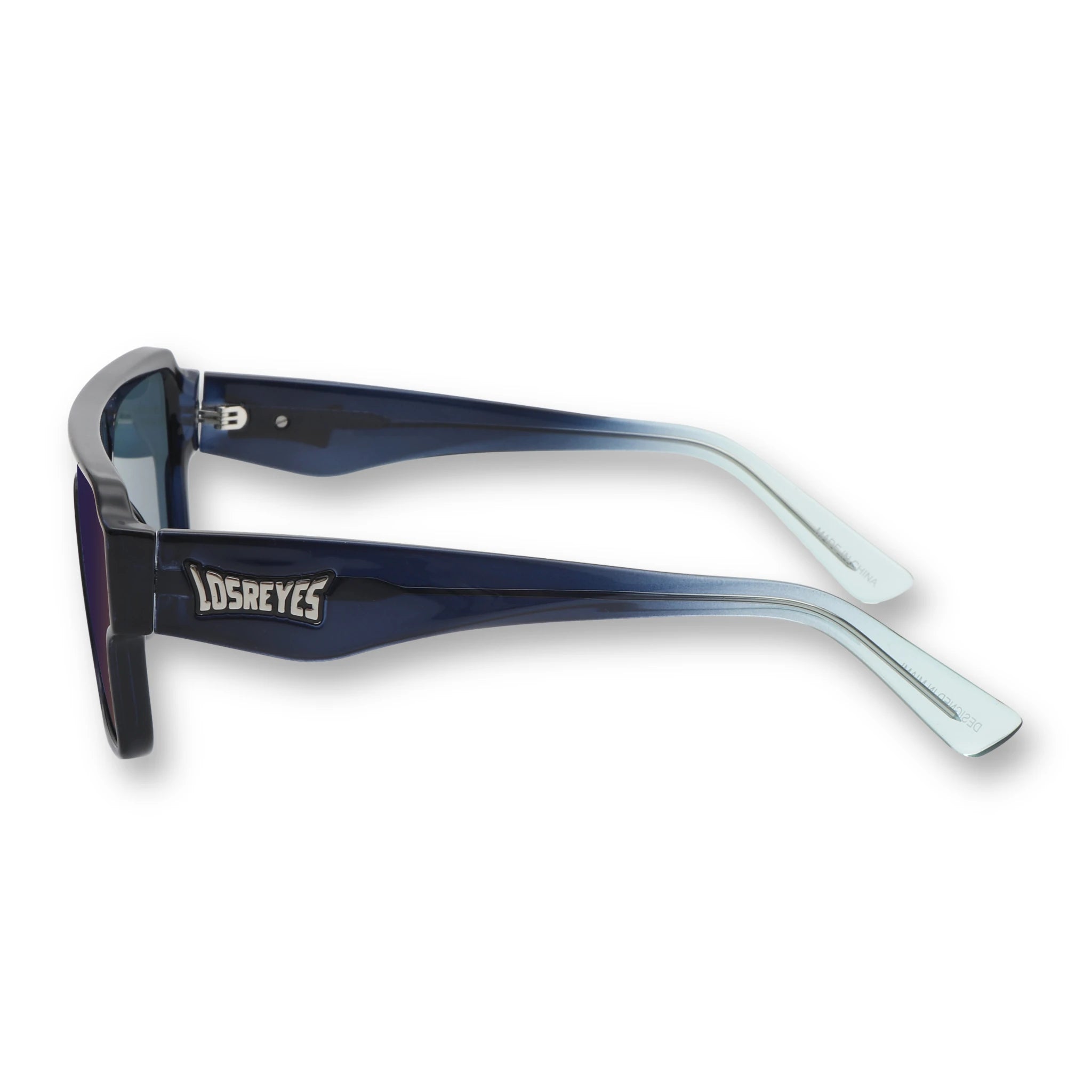 Side profile of LosReyes Omega Poseidon sport sunglasses showing translucent blue-to-clear temples, wraparound shield design, and lightweight performance build.