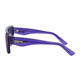 Side profile of LosReyes Omega Zeus sport sunglasses with translucent purple temples, wide-arm stability, and mirrored lens ideal for running, cycling, or street style.