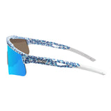 Side view of LosReyes Prime Cheetah Blue performance sunglasses featuring flexible white-and-blue temples, vented arms, and a leopard-print frame engineered for speed and comfort.