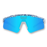 Front view of LosReyes Prime Cheetah Blue sports sunglasses with blue mirrored shield lenses, aerodynamic full-wrap design, and cheetah print frame for high-performance athletes.