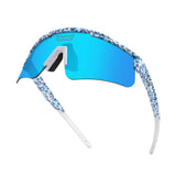 Hero angle of LosReyes Prime Cheetah Blue wraparound sunglasses with high-contrast blue lenses, bold cheetah camo frame, and UV400 protective shield ideal for baseball, cycling, and outdoor sports.