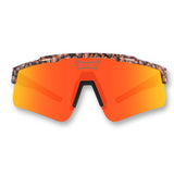Front view of LosReyes Prime Cheetah Orange sports sunglasses featuring UV400 mirrored shield lenses, performance wraparound frame, and signature SoulRunner cheetah print styling for high-impact athletic performance.