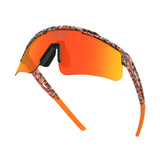 Hero angle of LosReyes Prime Cheetah Orange wraparound sports sunglasses with vibrant orange mirrored lenses, UV400 protection, and exclusive Tyreek Hill SoulRunner cheetah pattern for bold on-field style.