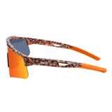 Side view of LosReyes Prime Cheetah Orange wraparound performance sunglasses showcasing cheetah print arms, orange ear tips, and aerodynamic frame with UV400 mirrored lenses for ultimate sports clarity.