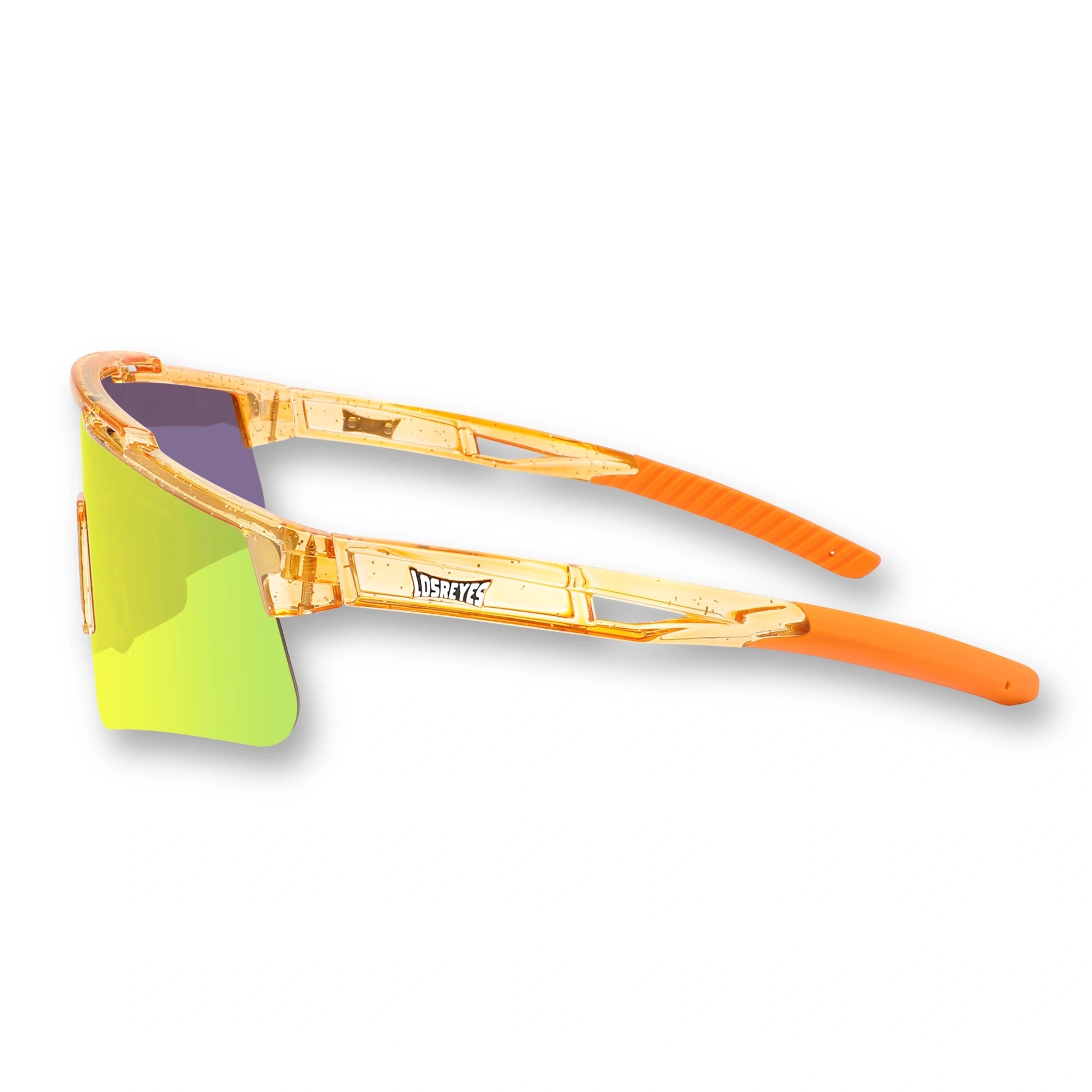 Side studio view of LosReyes Prime Galaxy Sun yellow athletic sunglasses featuring lightweight amber speckled frame, vibrant orange temples, and anti-slip ear grips for high-motion wear.