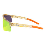 Side studio view of LosReyes Prime Galaxy Sun yellow athletic sunglasses featuring lightweight amber speckled frame, vibrant orange temples, and anti-slip ear grips for high-motion wear.