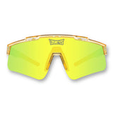 Front studio shot of LosReyes Prime Galaxy Sun yellow mirrored shield sunglasses with wide panoramic UV400 lens and translucent frame engineered for speed and comfort.