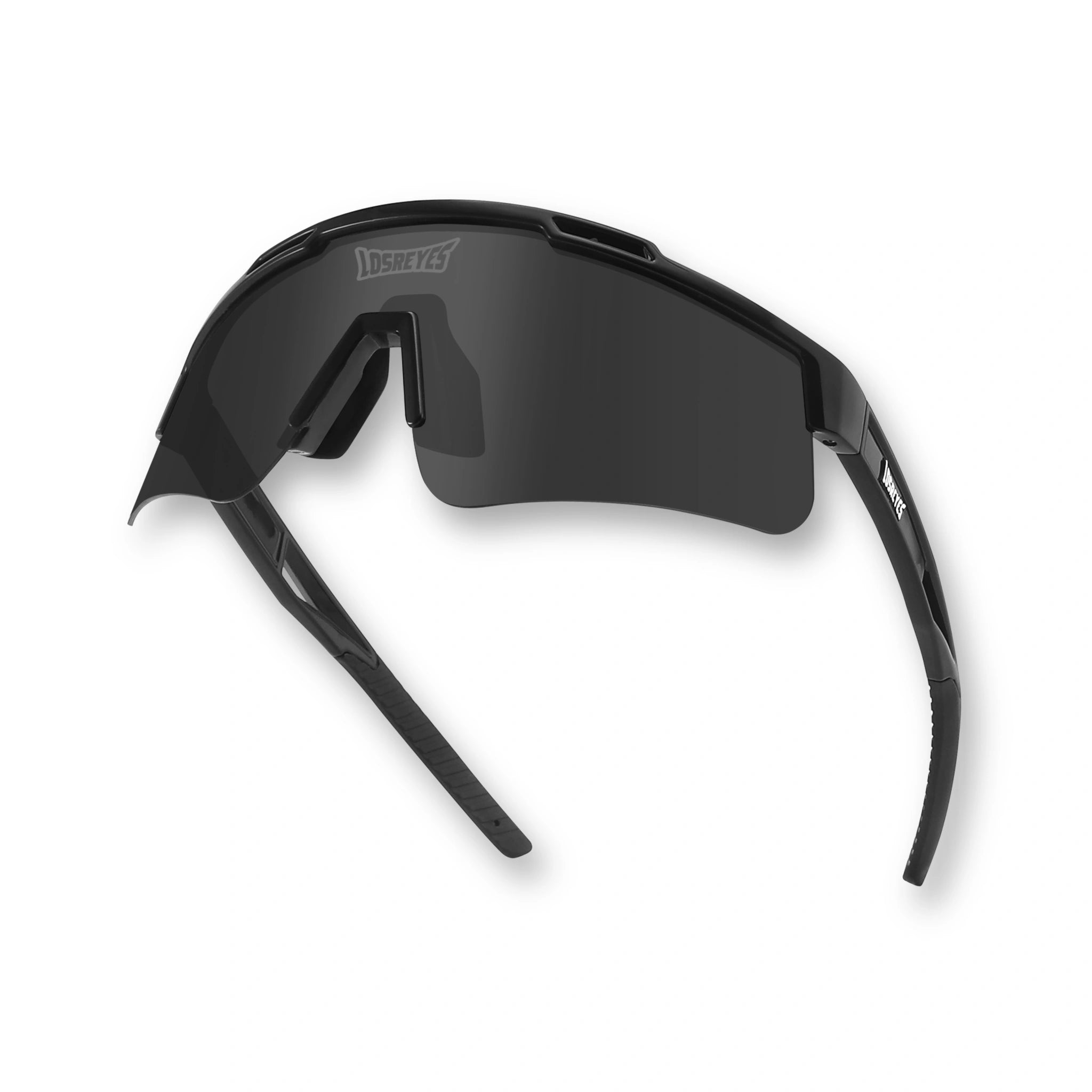 Hero angle of LosReyes Prime Polarized Black athletic sunglasses showcasing aerodynamic black frame, polarized mirrored shield lens, and sweat-resistant nose support built for running, field sports, and full-sun visibility.
