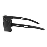 Side profile of LosReyes Prime Polarized Black UV sports sunglasses with wraparound polarized lenses and lightweight black frame engineered for comfort, speed, and high-intensity movement under bright conditions.