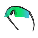 Hero angle of LosReyes Prime Polarized Green athletic sunglasses showcasing wide mirrored polarized shield lens, black wraparound frame, and anti-glare technology for maximum visibility in sunlight during competitive performance