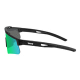 Side profile of LosReyes Prime Polarized Green performance sunglasses with ergonomic black arms, grippy rubberized tips, and polarized reflective green lens for baseball, track, and cycling under bright outdoor conditions