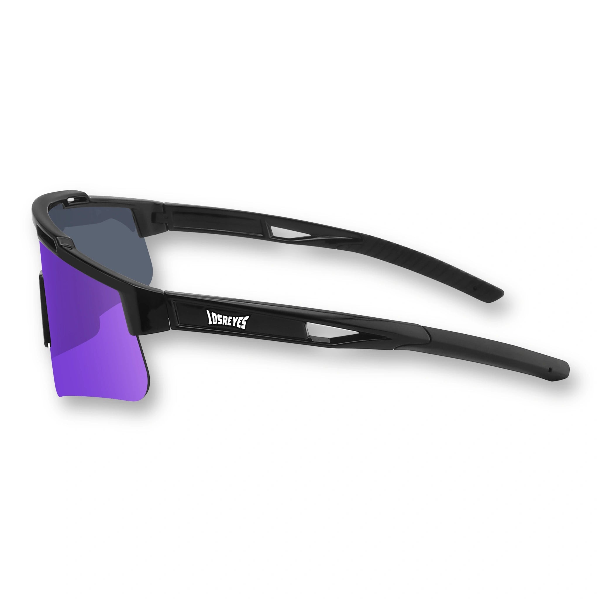 Side view of LosReyes Prime Polarized Purple performance sunglasses showing lightweight black frame with contoured arms and violet polarized lenses, ideal for baseball, running, and high-speed movement.