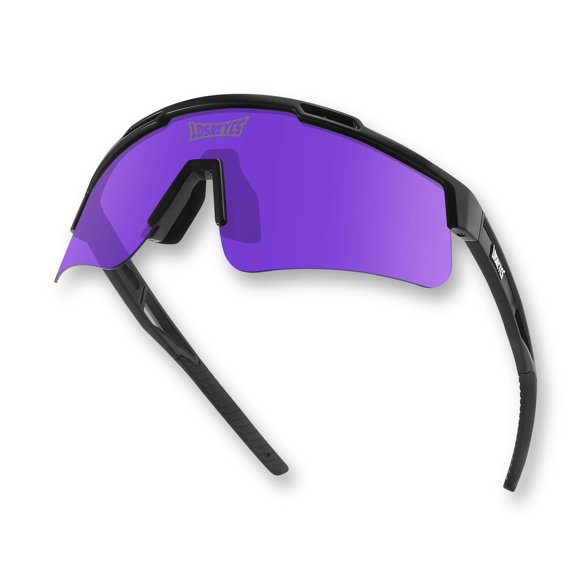 Hero view of LosReyes Prime Polarized Purple sports sunglasses featuring purple mirrored shield lenses, a sleek black performance frame, and UV400 protection — designed for training, cycling, and field sports.