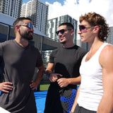 Three men wearing LosReyes Starboy, Hades, and custom pickleball sunglasses on an outdoor court