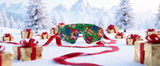 Colorful LosReyes eyewear with Christmas patterns on a snowy background with gift boxes.