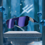 Poseidon polarized sunglasses crafted from premium acetate with seawater-resistant, anti-scratch lenses showcased in a bold aquatic blue environment.