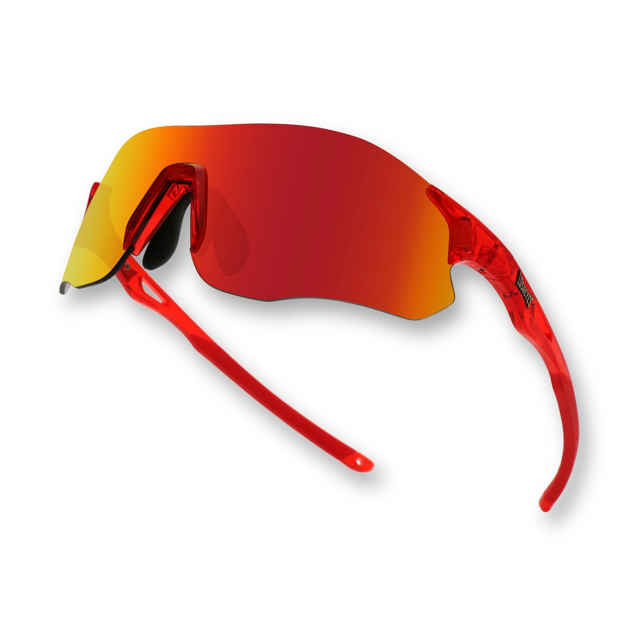 Angled view of EDGE Lava running sunglasses with red gold mirror shield lens for high-speed training