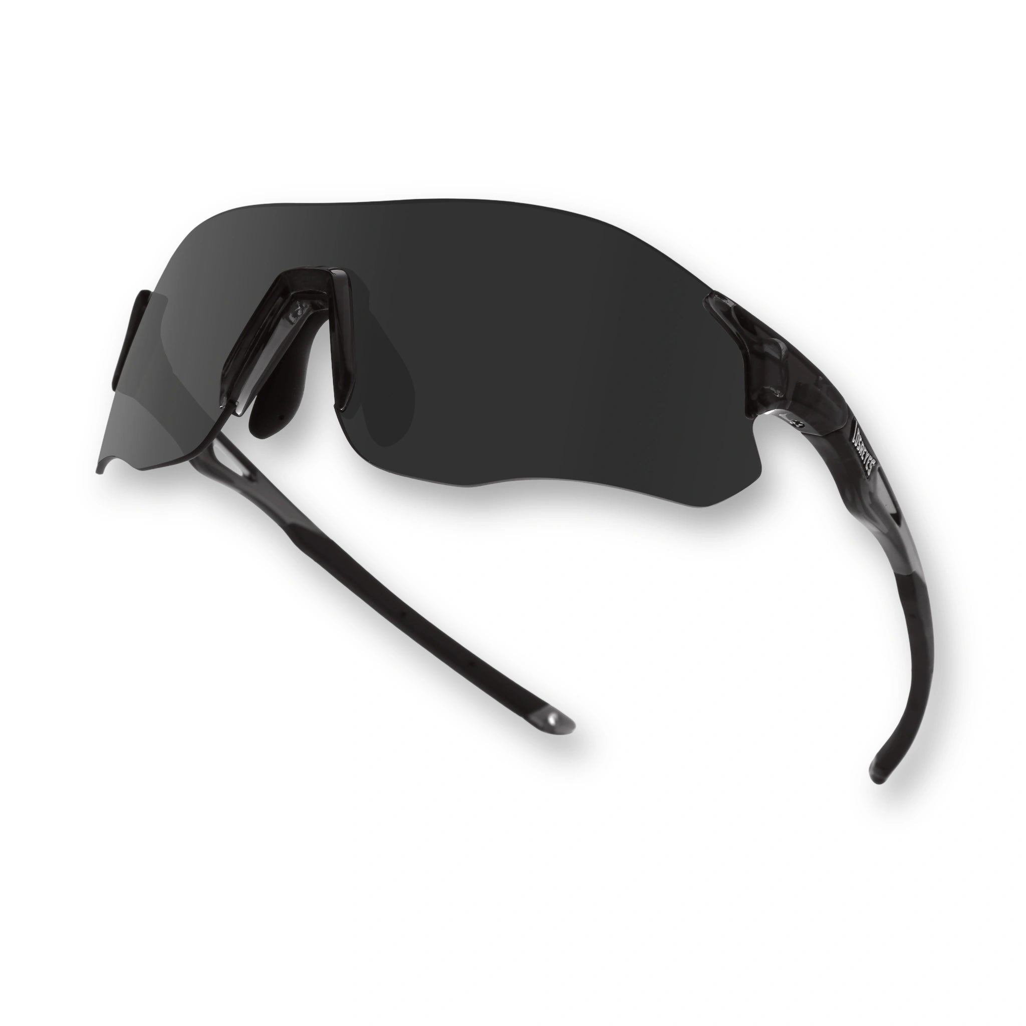 Angled view of EDGE Shadow running sunglasses with dark shield lens designed for focus and motion
