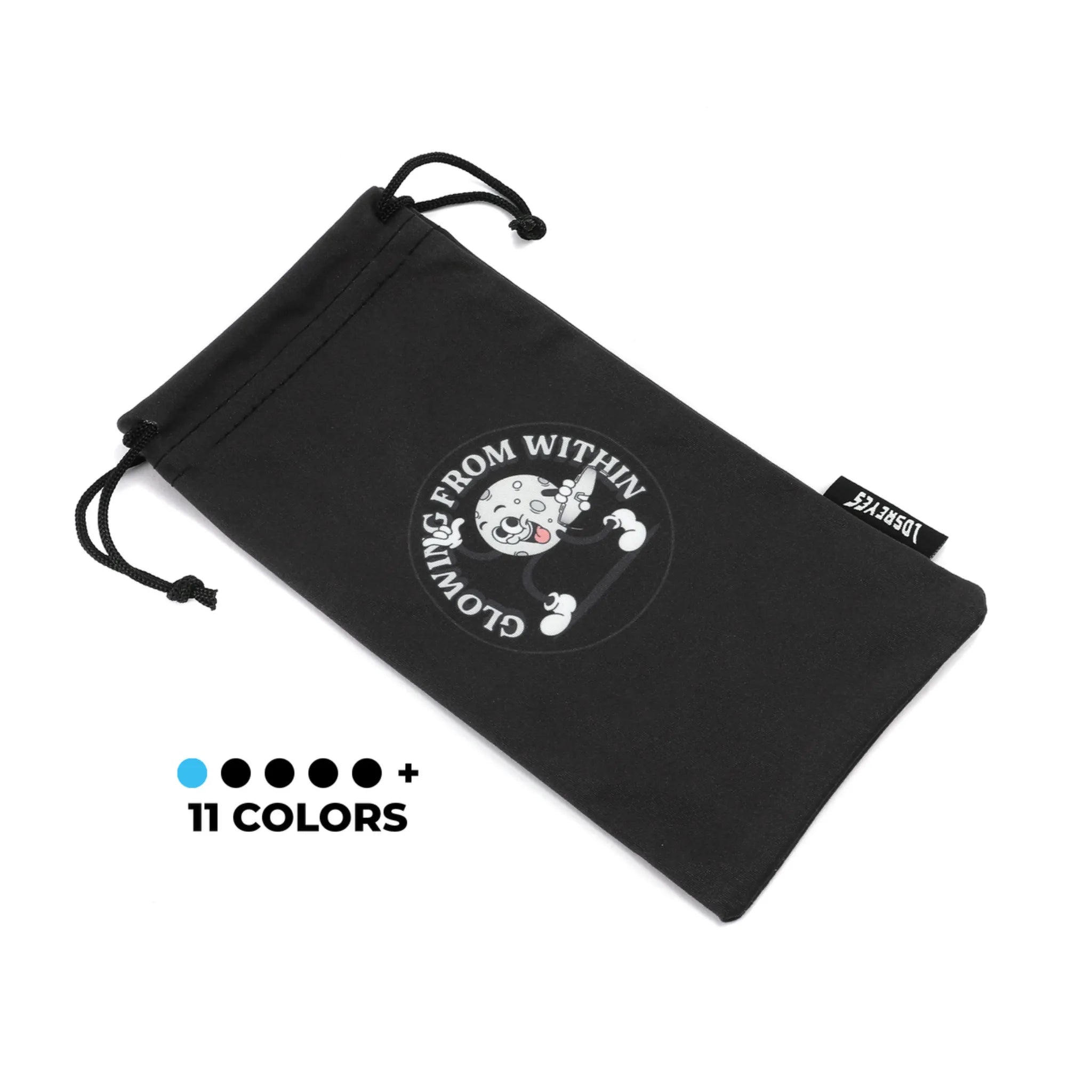 Black glasses pouch with a glowing moon cartoon character and the phrase 'Growing From Within', ideal for stylish eyeglass storage