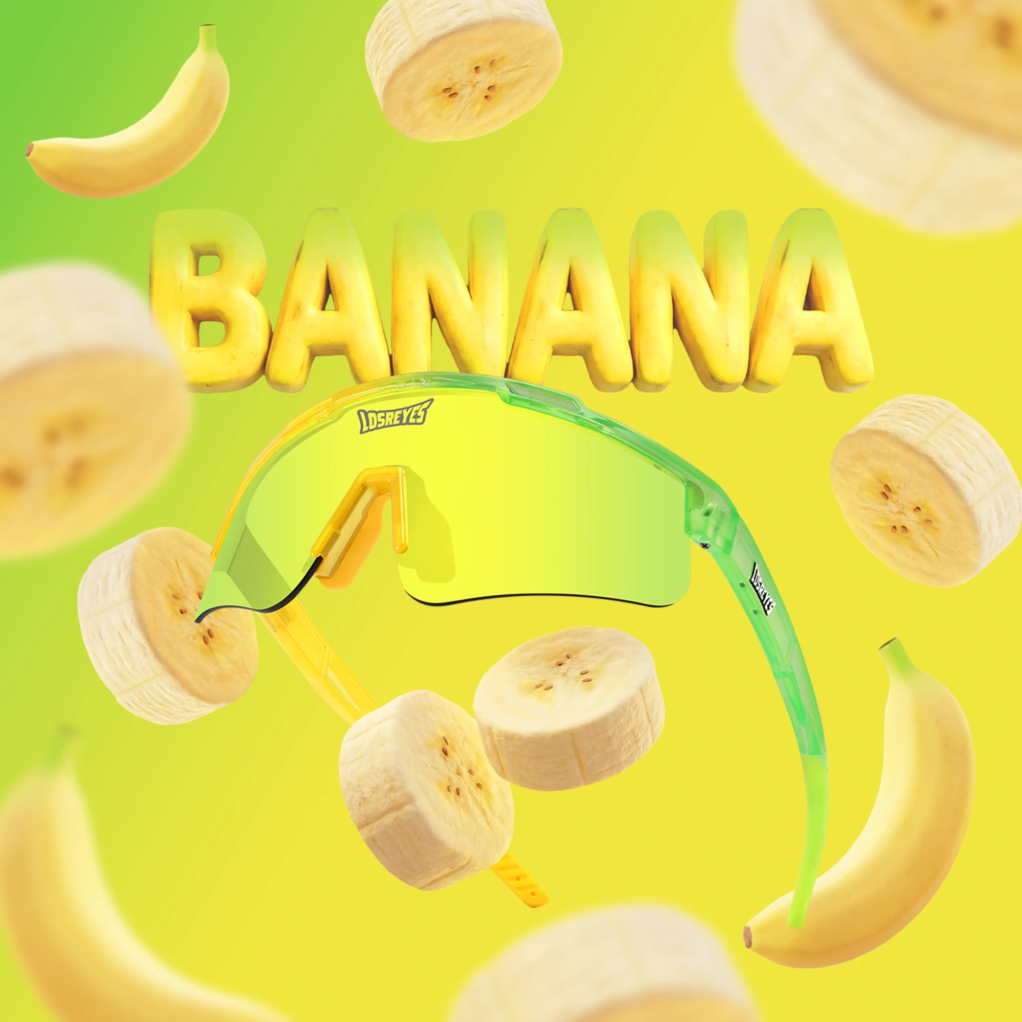 LosReyes Banana sunglasses from the Candy Collection with yellow-green frame and floating banana slices
