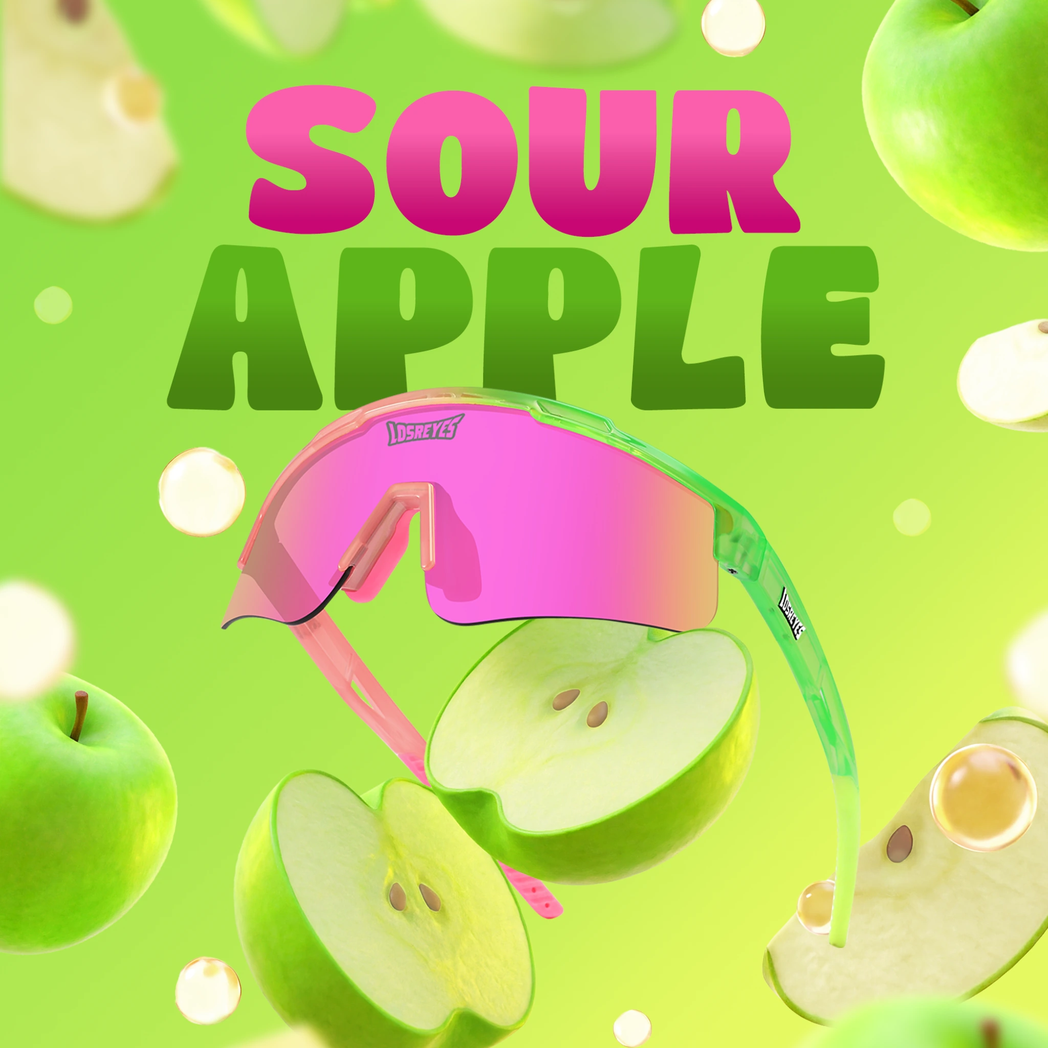 LosReyes Sour Apple sunglasses from the Candy Collection with pink-green frame and floating green apple slices
