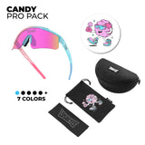 Candy Pro Pack by LosReyes with vibrant pink-to-blue gradient sunglasses, reflective lenses, and cartoon candy pouch- ideal for kids’ sports and outdoor adventures.