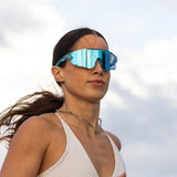 LosReyes Elevate Blue Raz sport sunglasses — bold blue reflective lenses designed for running, cycling, and outdoor training, under $50.