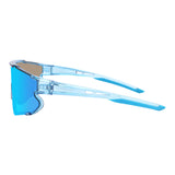 Side view of LosReyes Elevate Collection Blue Raz wraparound sports sunglasses featuring ergonomic arms, mirrored iridium lens, and UV400 performance frame