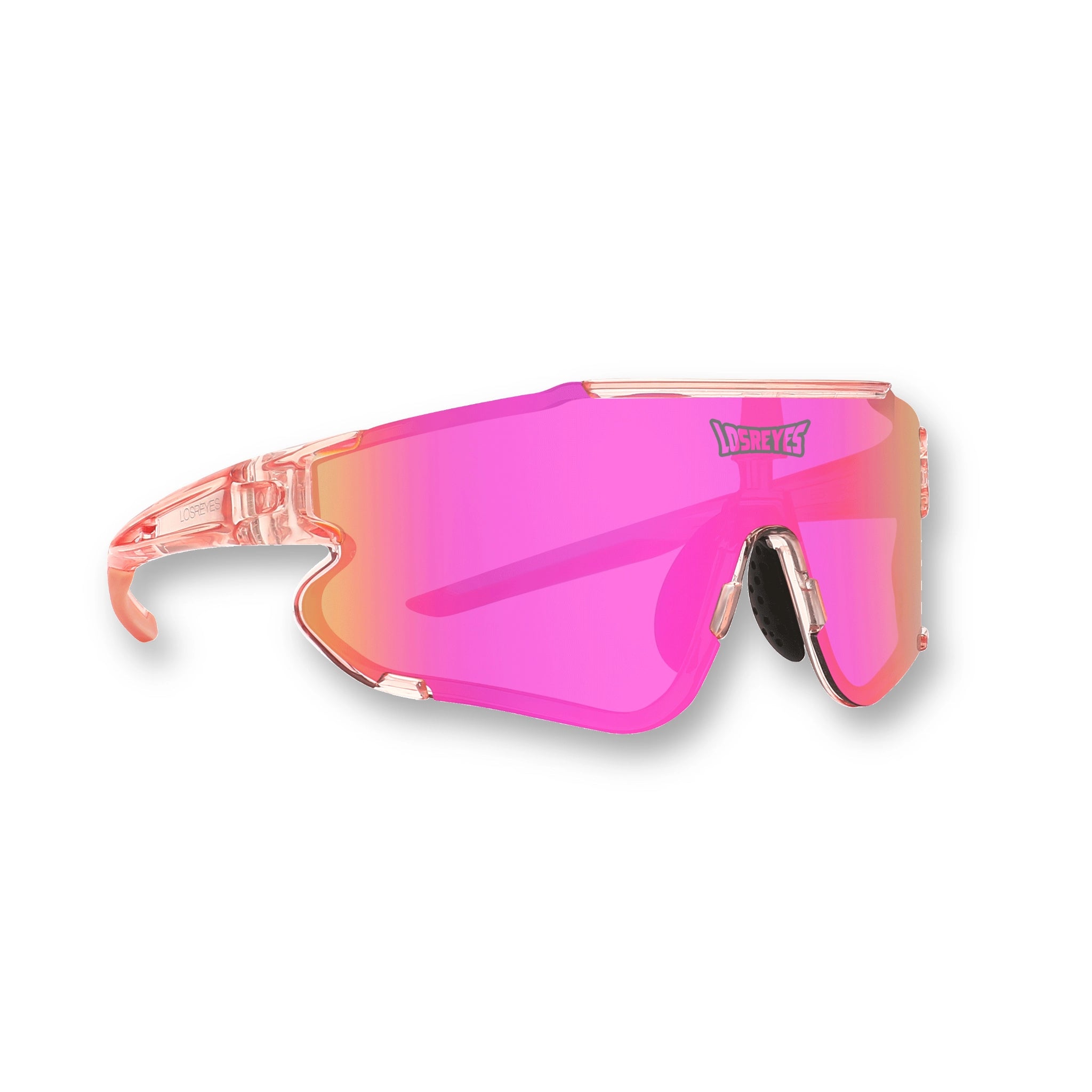 Front view of LosReyes Elevate Bubblegum sports sunglasses featuring a clear pink frame, bold pink mirrored shield lens, wraparound aerodynamic fit, and UV400 protection ideal for training, cycling, and outdoor athletics