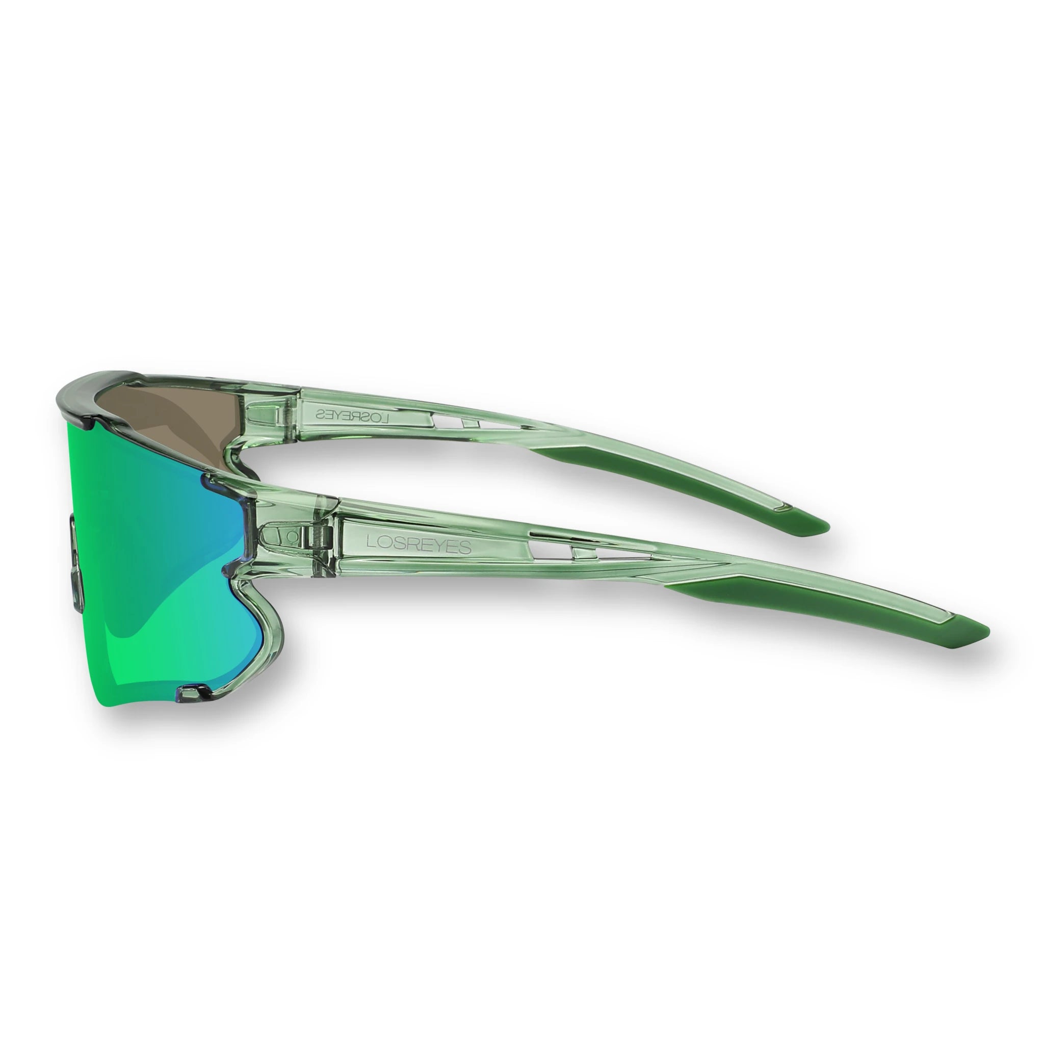 Side view of LosReyes Elevate Collection Cactus green wraparound sports sunglasses featuring curved performance arms, iridium mirrored lens, and UV400 sun protection