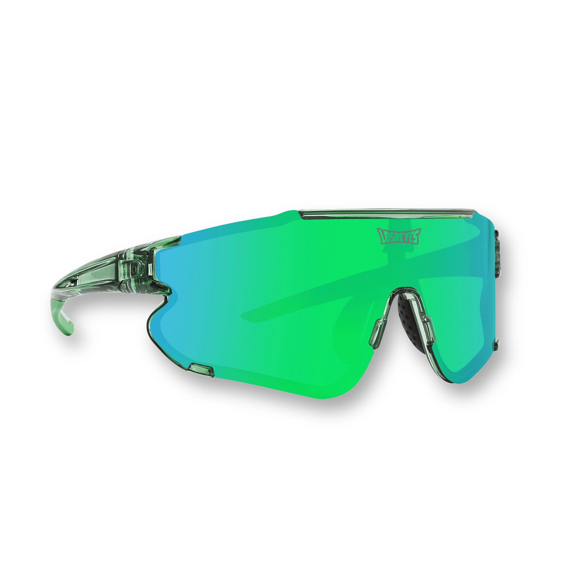 Front view of LosReyes Elevate Cactus sports sunglasses featuring a translucent green frame, vibrant green mirrored shield lens, aerodynamic wraparound fit, and UV400 protection for outdoor training, cycling, and athletic performance