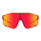 Front view of LosReyes Elevate Cherry red sports sunglasses featuring red mirrored UV400 shield lens, lightweight transparent red frame, and wraparound design for high-performance eye protection.