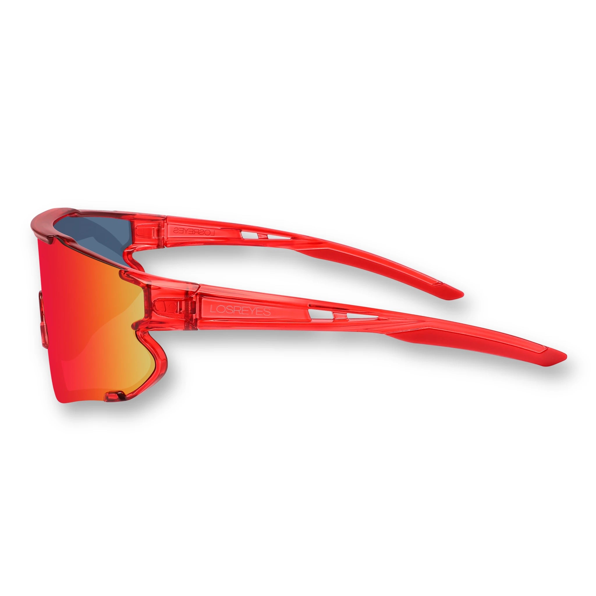 Side view of LosReyes Elevate Cherry red wraparound sunglasses with red shield lens, crystal-clear arms, and non-slip temple tips engineered for speed, cycling, and UV protection.