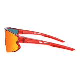 Side view of LosReyes Elevate Cherry red wraparound sunglasses with red shield lens, crystal-clear arms, and non-slip temple tips engineered for speed, cycling, and UV protection.
