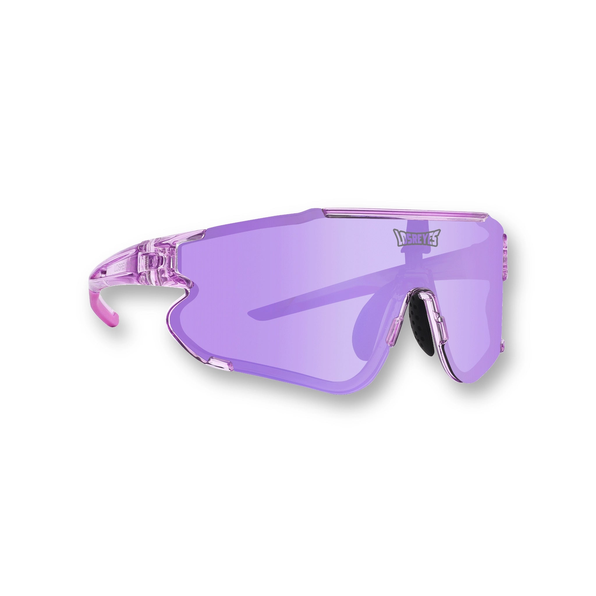 Front angle of LosReyes Elevate Grape sports sunglasses featuring a translucent purple frame, matching purple shield lens, aerodynamic wraparound shape, and UV400 protection for high-performance athletic wear