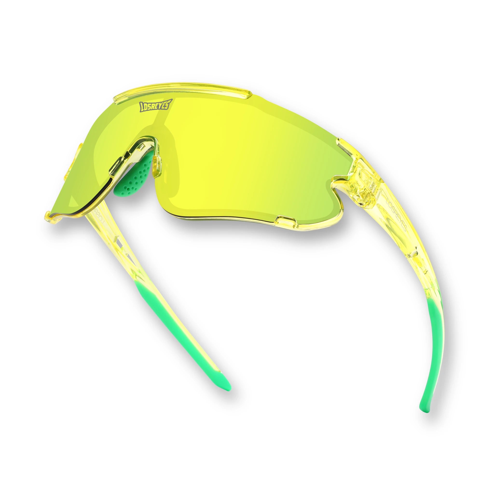 Hero view of LosReyes Elevate Collection Lime sports sunglasses featuring iridium shield lens, aerodynamic wraparound frame, and UV400 athletic protection
