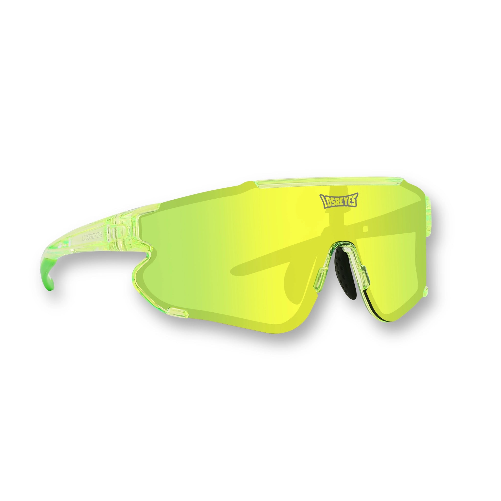 Front angle of LosReyes Elevate Lime sports sunglasses featuring a clear lime green frame, yellow-green mirrored shield lens, UV400 protection, and aerodynamic wraparound design for cycling, training, and athletic performance