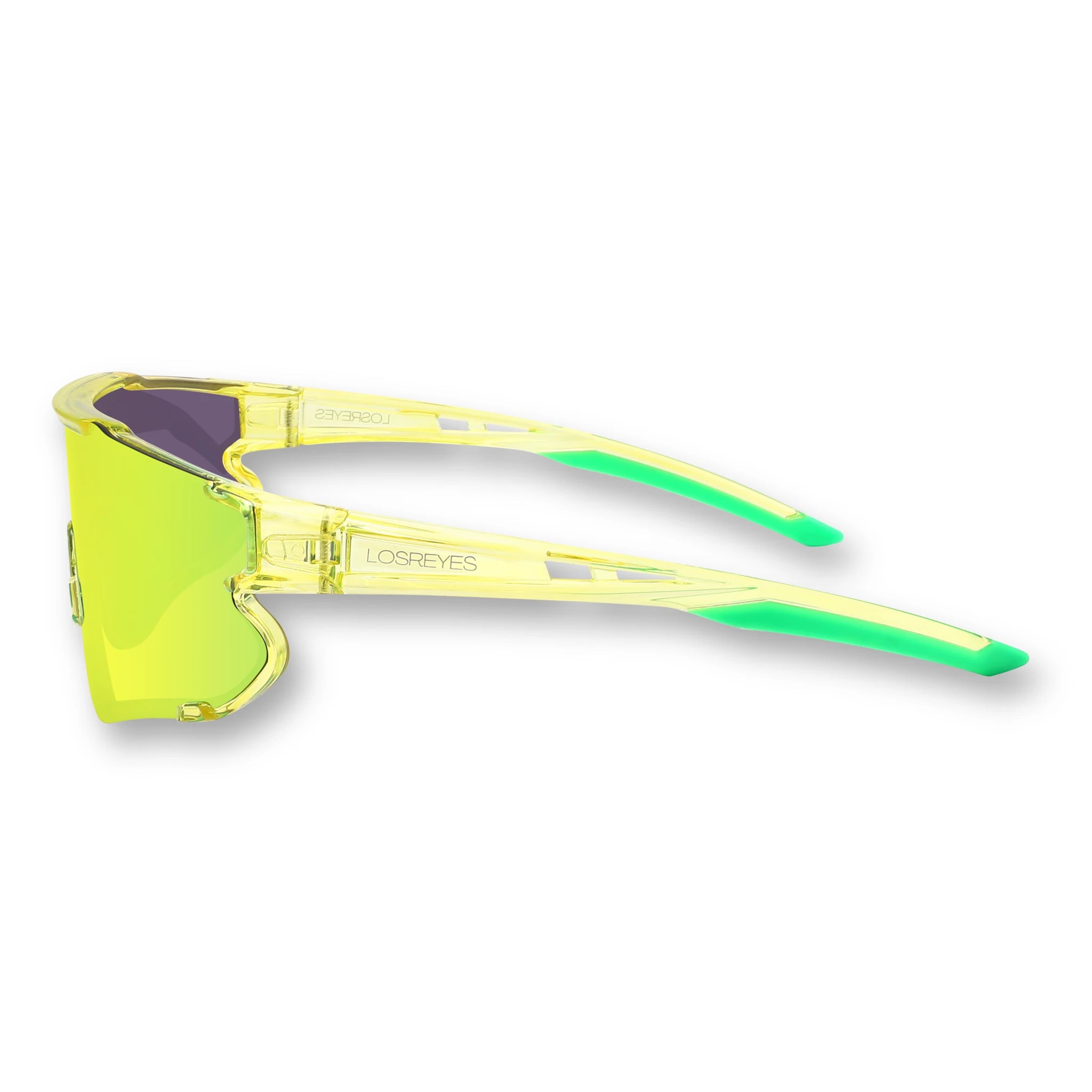 Side view of LosReyes Elevate Collection Lime wraparound sports sunglasses with mirrored lens, curved ergonomic arms, and UV400 protective frame