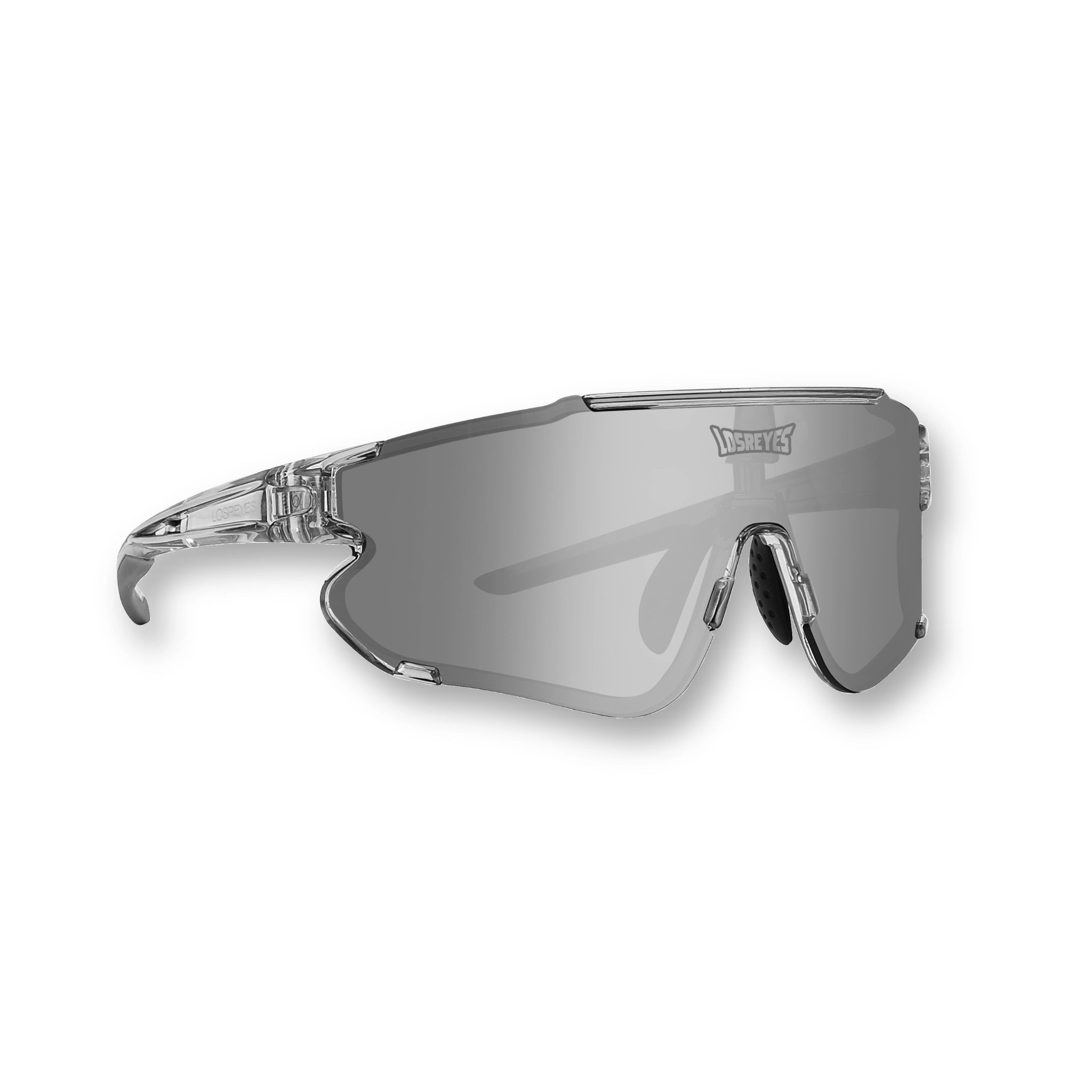 Front angle of LosReyes Elevate Marshmallow sports sunglasses featuring a clear translucent frame, silver mirrored shield lens, UV400 protection, and high-performance wraparound design for running, cycling, and training