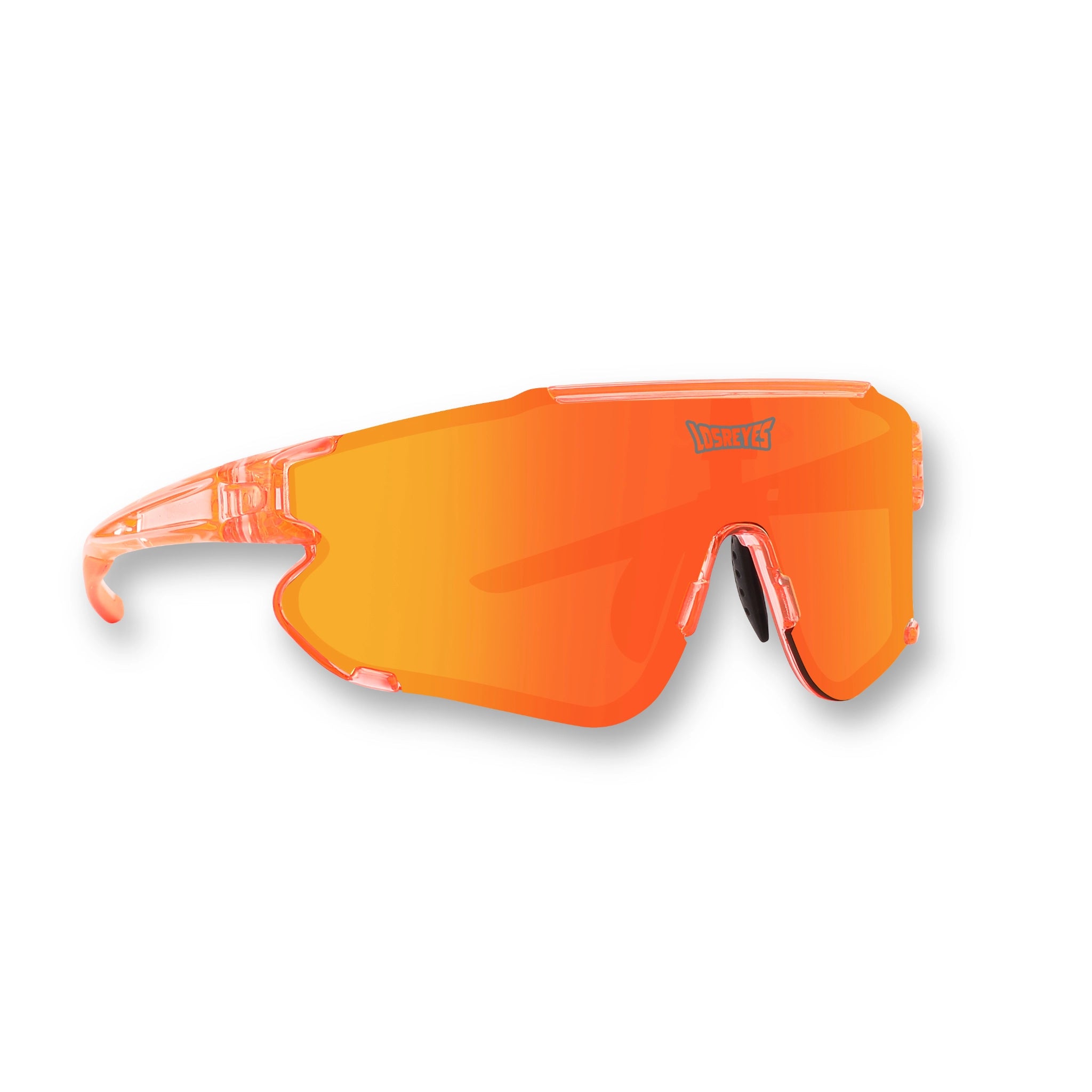 Front angle of LosReyes Elevate Peach sports sunglasses with a translucent peach-orange frame, vibrant orange mirrored shield lens, UV400 protection, and aerodynamic wraparound design built for elite training and athletic performance
